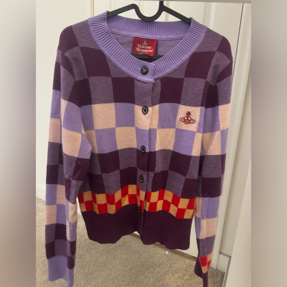 Checked plaid sweater cardigan with Saturn